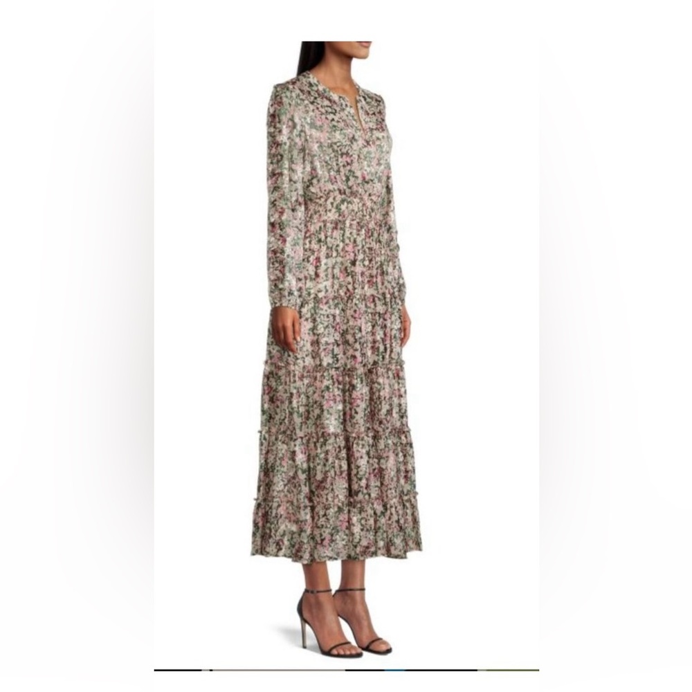 ELIE TAHARI Abstract Floral Tiered Maxi Dress/Pink&Green W/ Sheer Long Sleeves